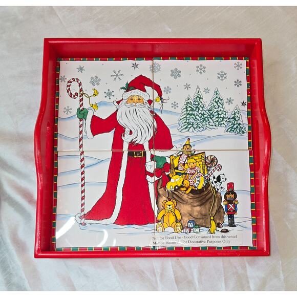 Vintage JC Penney Ceramic Tile And Wood Tray Santa with Toys 13x13" Decorative - Picture 1 of 9